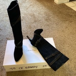 Calvin Klein black suede calf/knee length boots,size 7.5 M, 31/2 inch heel.